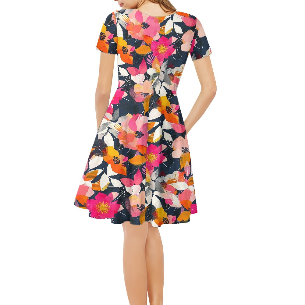 Women V-Neck Short Sleeve Ruffle Dress