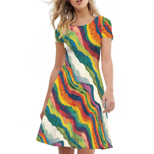 Women Scoop Neck Short Sleeve Ruffle Dress