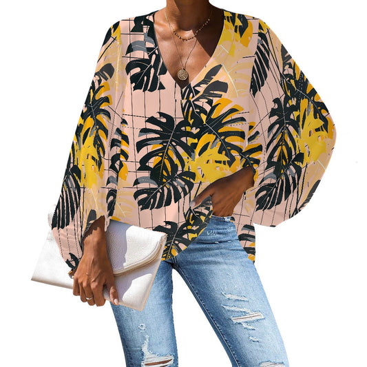 V-Neck Chiffon Puff Sleeve Blouse by Luxtrini 4XL