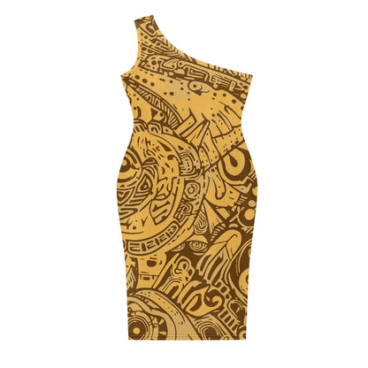 Discover Elegance: Luxtrini's One-Shoulder Slim Dress - Ethnic Yellow white