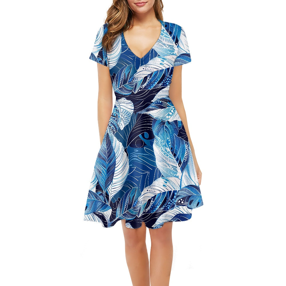 Blue Leaves Women V-Neck Short Sleeve Ruffle Dress