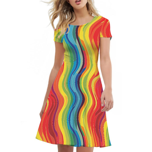Women Scoop Neck Short Sleeve Ruffle Dress
