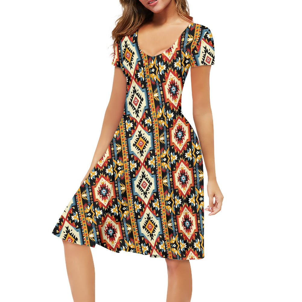 Women V-Neck Short Sleeve Ruffle Dress