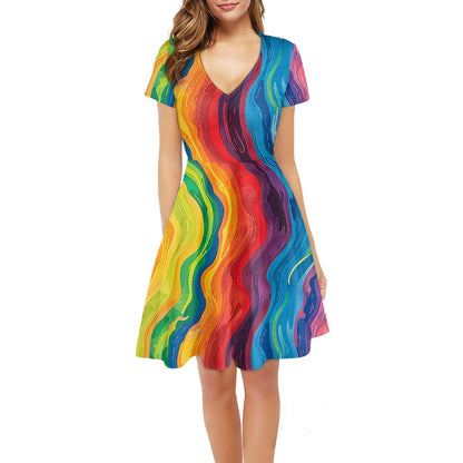 Rainbow Women V-Neck Short Sleeve Ruffle Dress