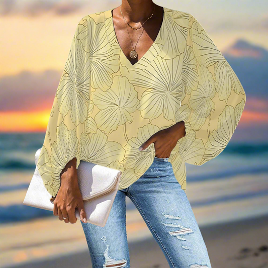 Japanese-Inspired Minimalist Floral V-Neck Chiffon Puff Sleeve Blouse by Luxtrini