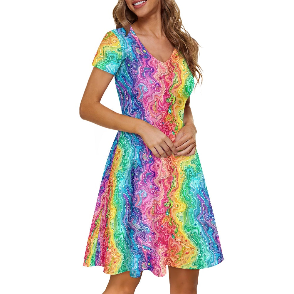 Rainbow Women V-Neck Short Sleeve Ruffle Dress