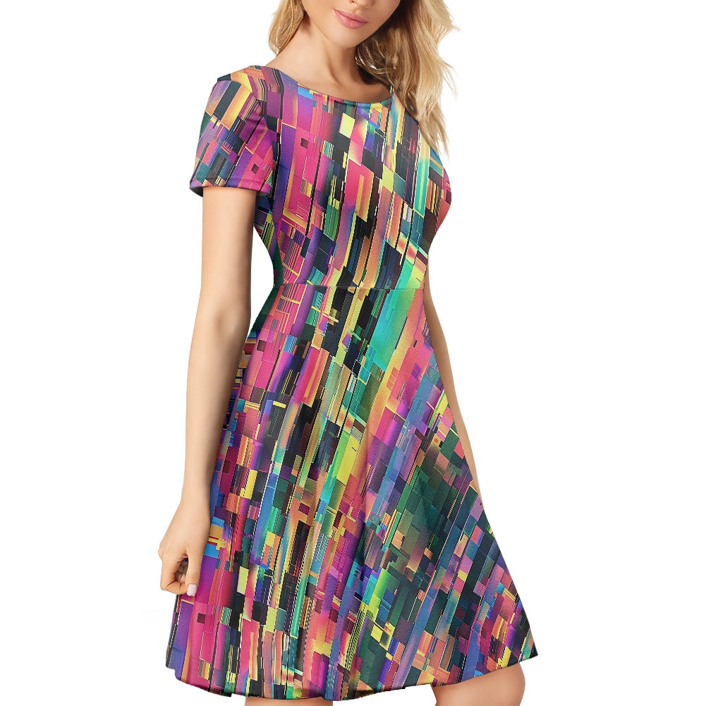 Rainbow Glitch Women Scoop Neck Short Sleeve Ruffle Dress