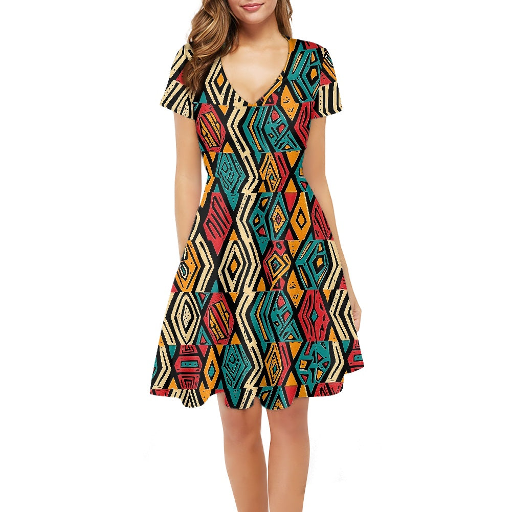 Women V-Neck Short Sleeve Ruffle Dress