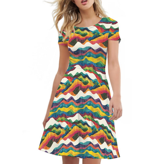 Women Scoop Neck Short Sleeve Ruffle Dress