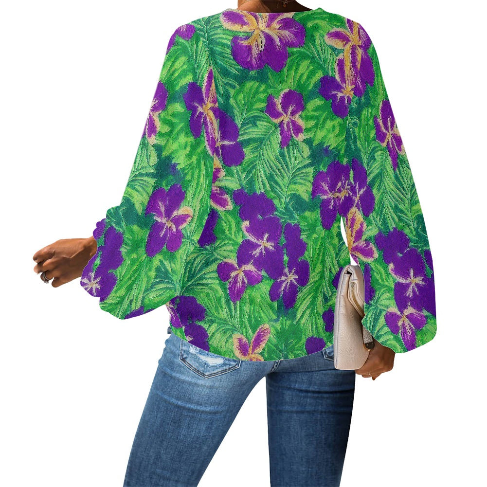 Tropical Purple Hibiscus and Palm Leaf V-Neck Chiffon Puff Sleeve Blouse by Luxtrini