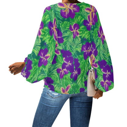 Tropical Purple Hibiscus and Palm Leaf V-Neck Chiffon Puff Sleeve Blouse by Luxtrini