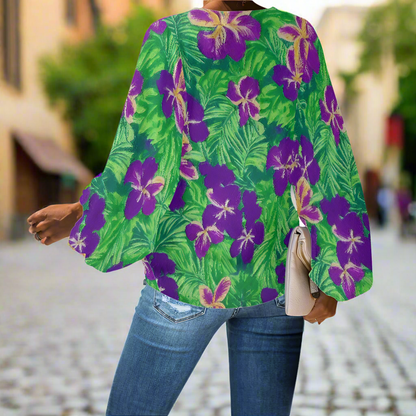 Tropical Purple Hibiscus and Palm Leaf V-Neck Chiffon Puff Sleeve Blouse by Luxtrini