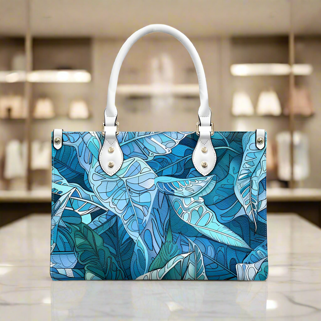 Ocean Leaf Designer  - Versatile Women's PU Leather Twill Handbag in Tropical Blues