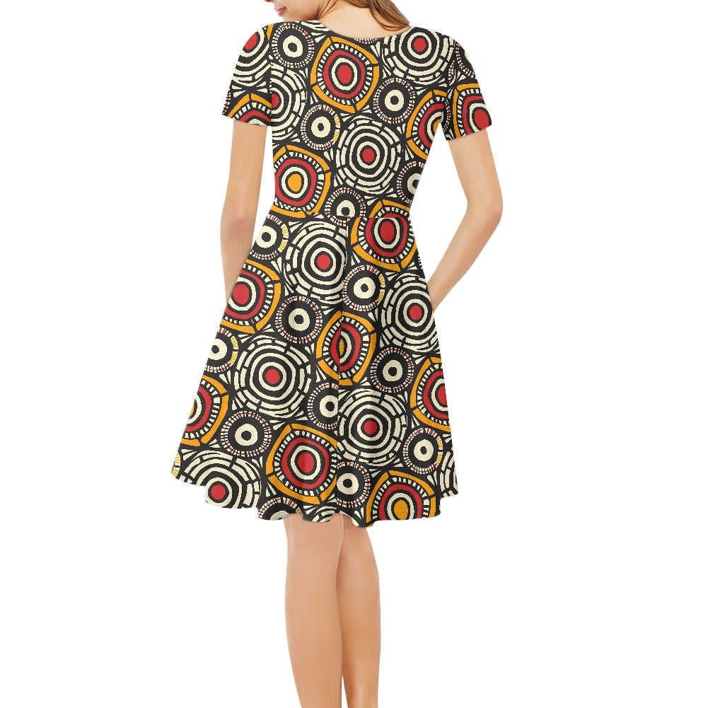 African Kente Pattern Women V-Neck Short Sleeve Ruffle Dress