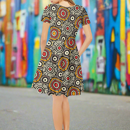 African Kente Pattern Women V-Neck Short Sleeve Ruffle Dress