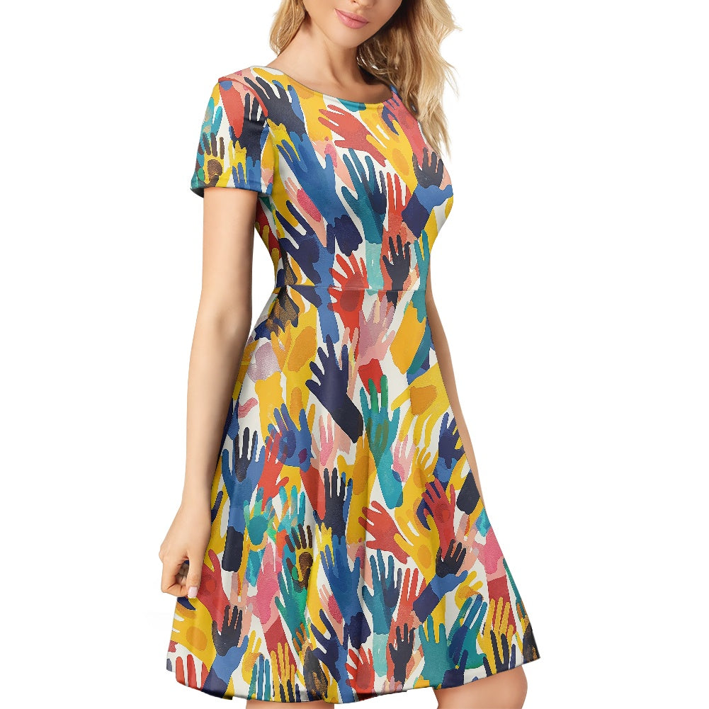 Women Scoop Neck Short Sleeve Ruffle Dress
