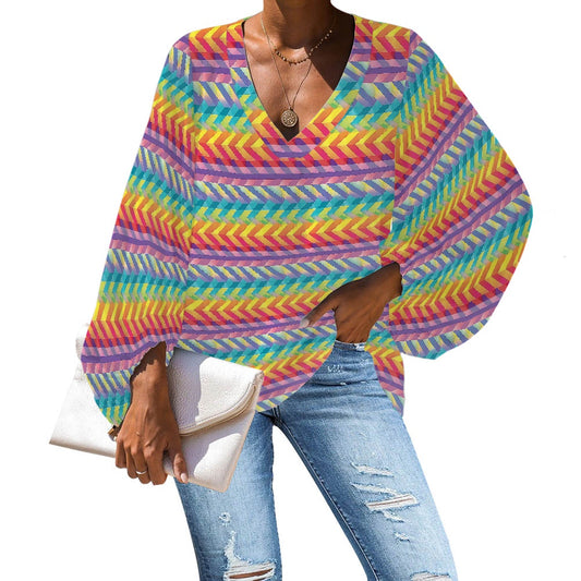 V-Neck Chiffon Puff Sleeve Blouse by Luxtrini 4XL