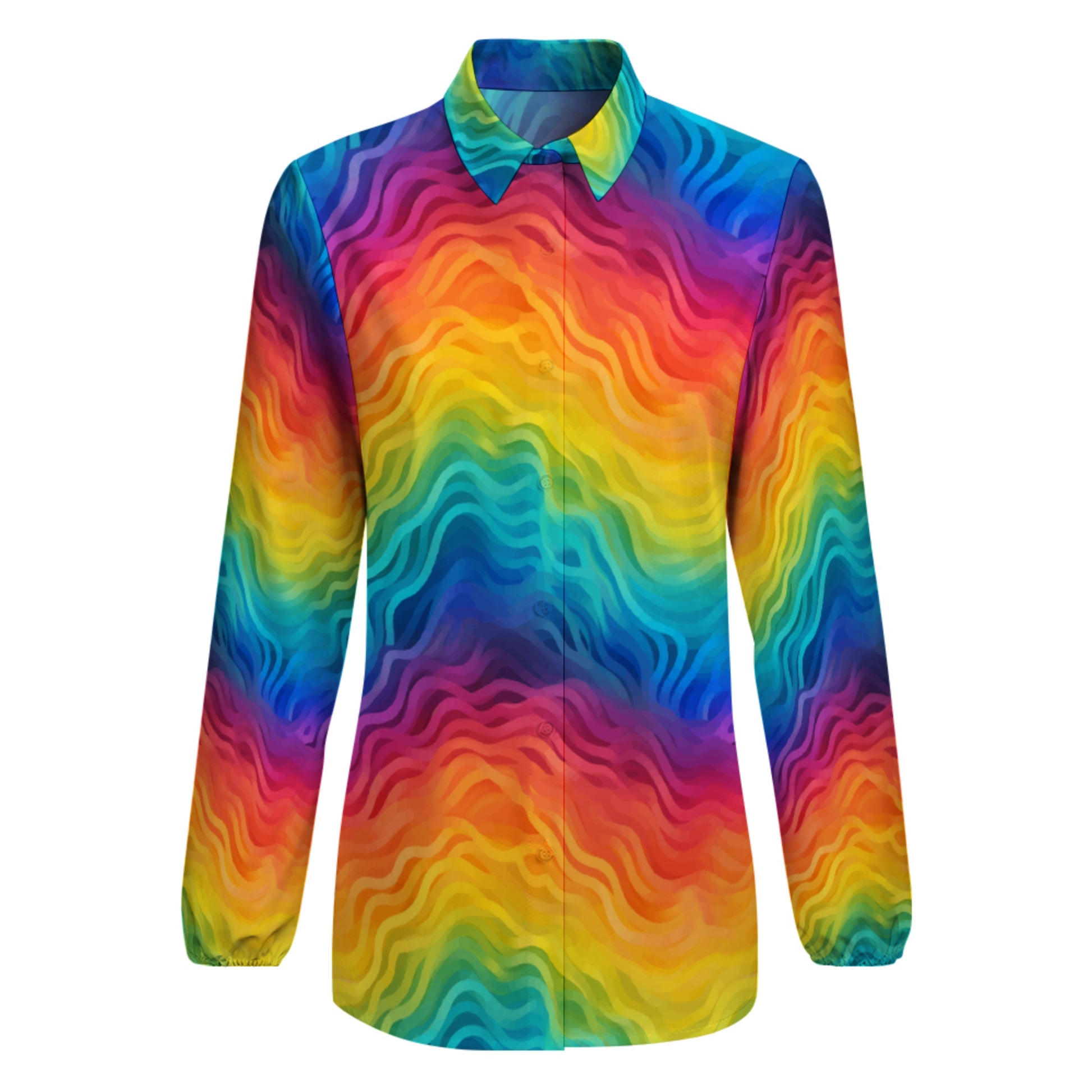 Rainbow Long Sleeve Blouse – Colorful V-Neck Button Down for Women, Pride Top, Lightweight Retro Shirt, Festival Ready