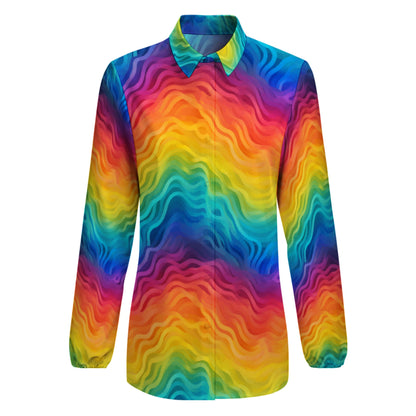 Rainbow Long Sleeve Blouse – Colorful V-Neck Button Down for Women, Pride Top, Lightweight Retro Shirt, Festival Ready