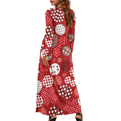 Women's Long Sleeve Maxi Dress with Pockets – Festive Polka Dot Pattern in Red