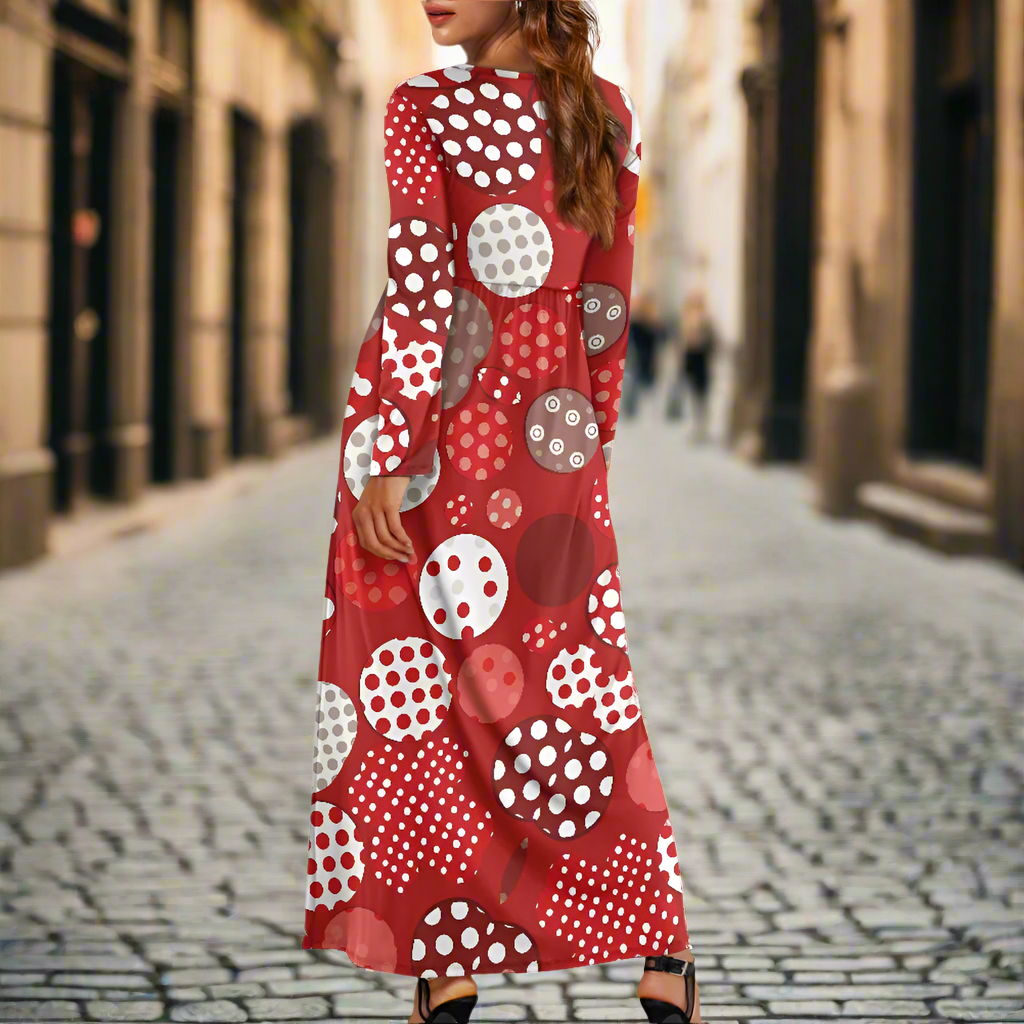 Women's Long Sleeve Maxi Dress with Pockets – Festive Polka Dot Pattern in Red