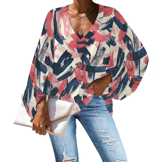 V-Neck Chiffon Puff Sleeve Blouse by Luxtrini 4XL