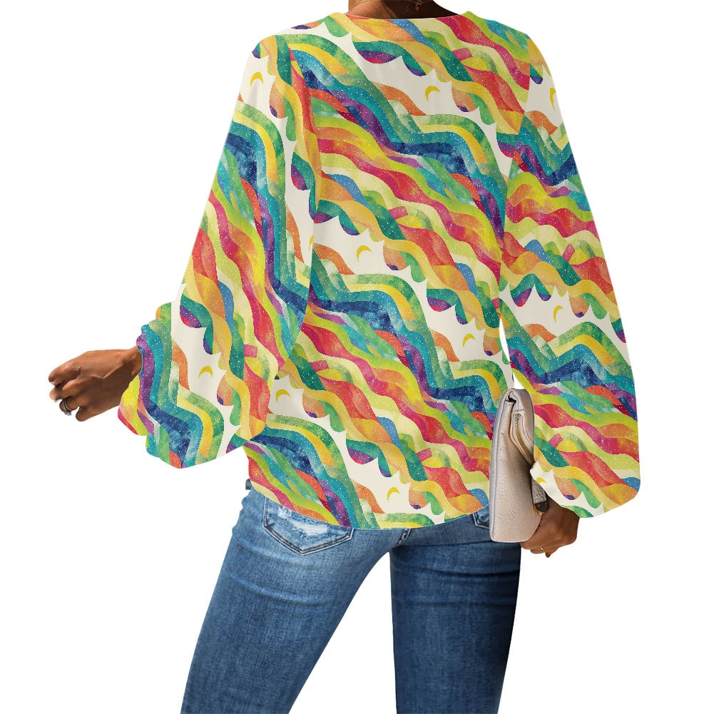 V-Neck Chiffon Puff Sleeve Blouse by Luxtrini