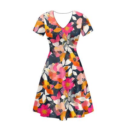 Women V-Neck Short Sleeve Ruffle Dress white