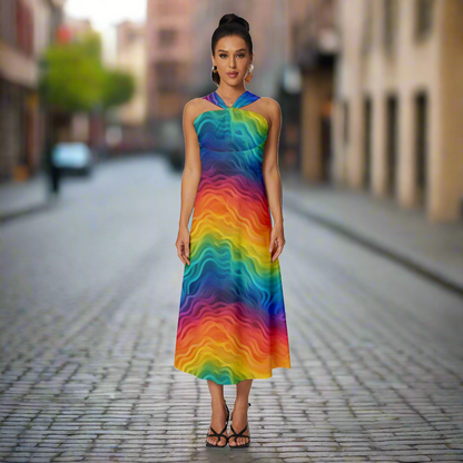 LGBTQ Rainbow Pride Sleeveless Cross Front Cocktail Midi Chiffon Dress