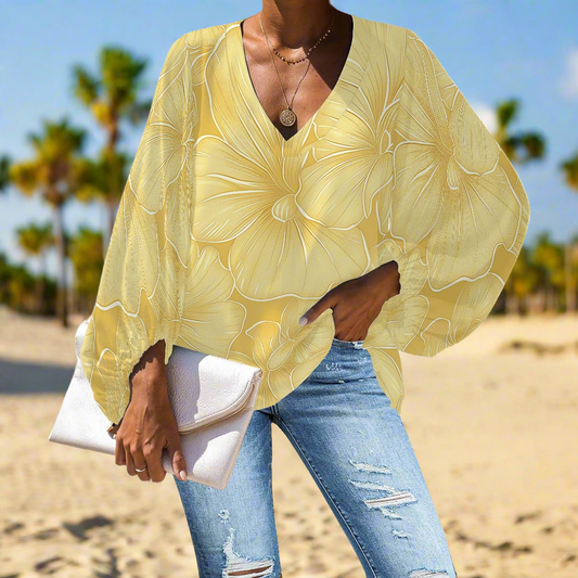 Elegant Hawaiian Floral V-Neck Chiffon Puff Sleeve Blouse by Luxtrini