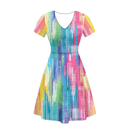 Rainbow Glitch Women V-Neck Short Sleeve Ruffle Dress white