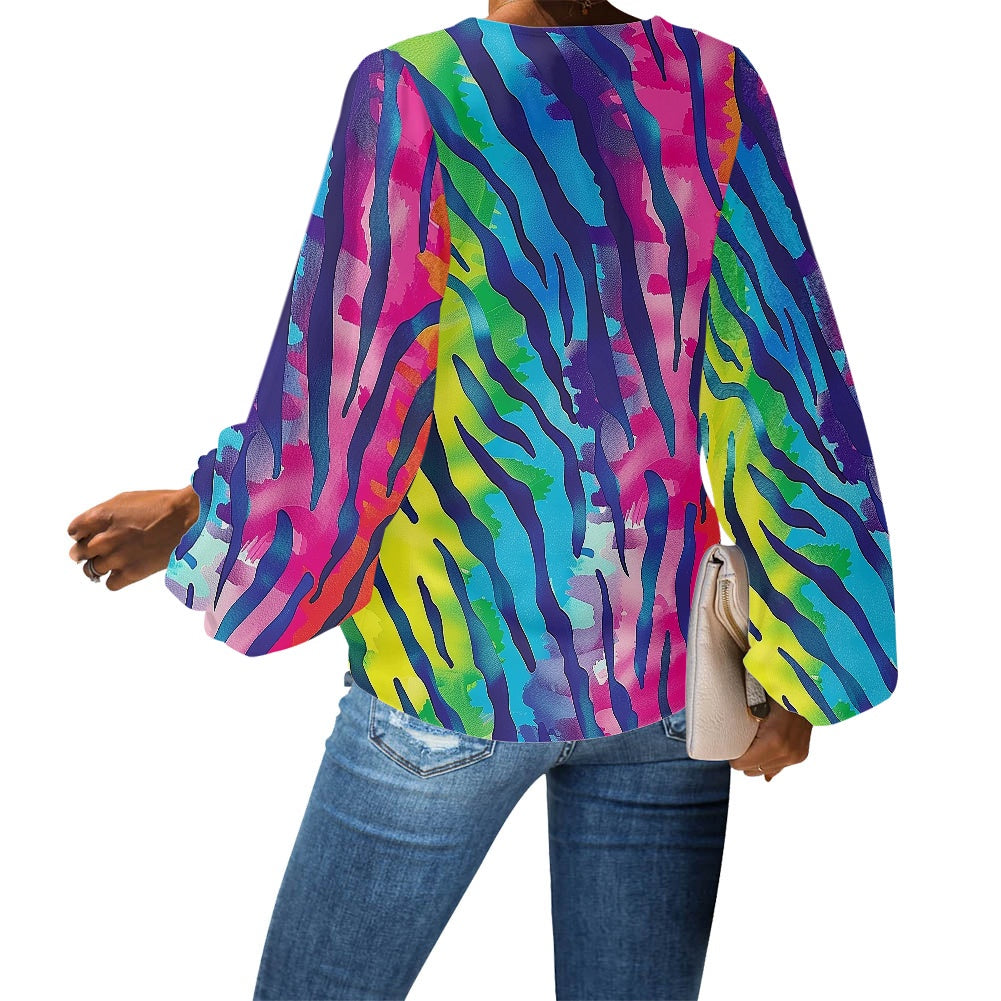 V-Neck Chiffon Puff Sleeve Blouse with Rainbow Animal Prints – Bold and Stylish by Luxtrini