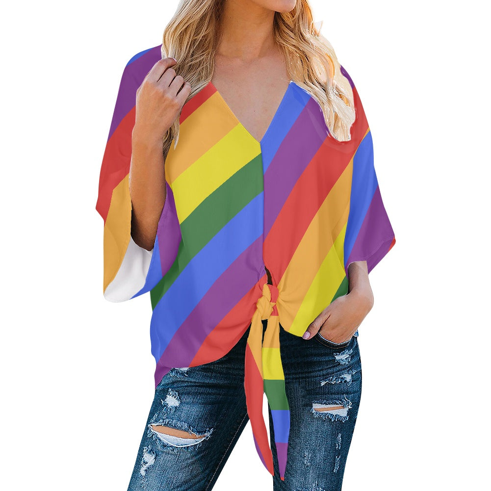 Rainbow V-Neck Tie Front Chiffon Top by Luxtrini