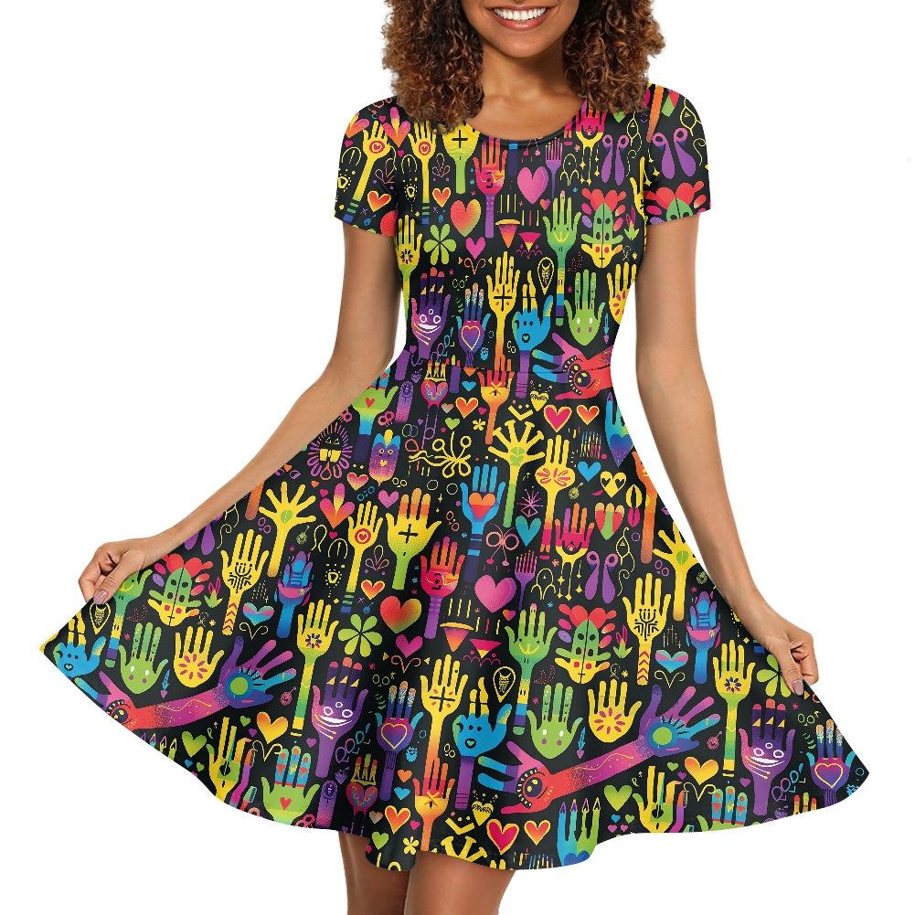 Women Scoop Neck Short Sleeve Ruffle Dress