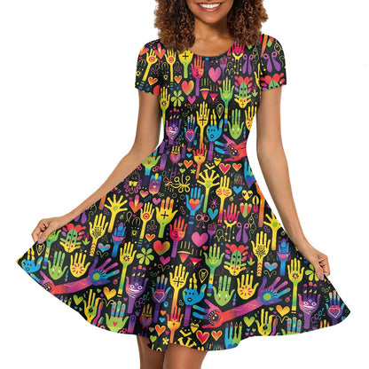 Women Scoop Neck Short Sleeve Ruffle Dress