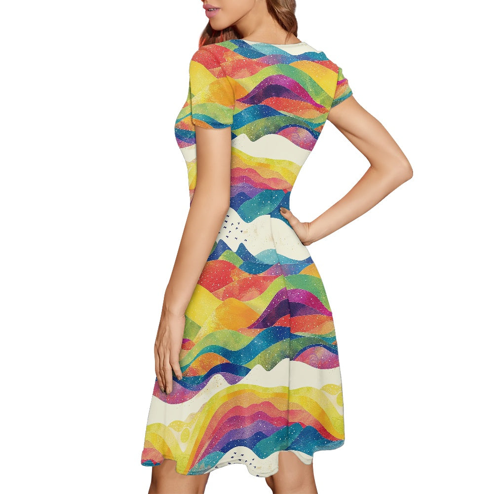 Women Scoop Neck Short Sleeve Ruffle Dress