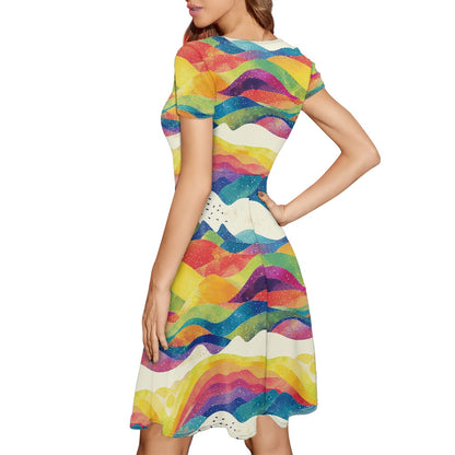 Women Scoop Neck Short Sleeve Ruffle Dress