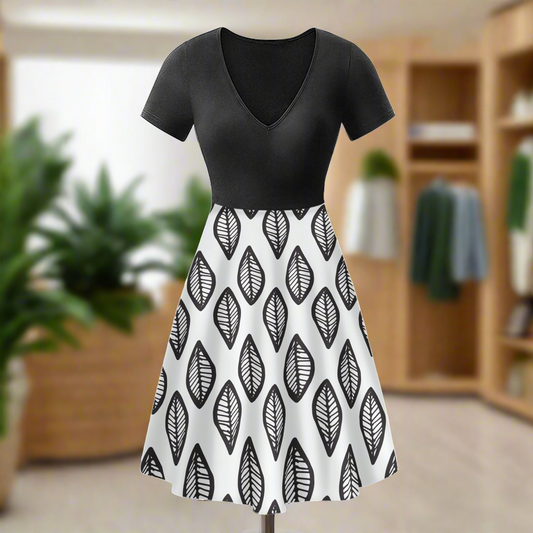 African | Ethnic | Mudcloth | #16 Black and White Black V-Neck Women Ruffle Bottom Dress