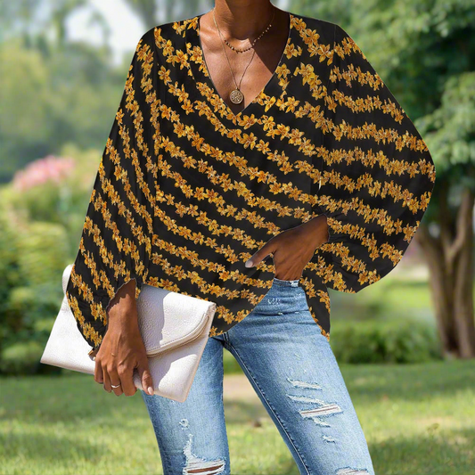 Golden Lei on Black V-Neck Chiffon Puff Sleeve Blouse by Luxtrini