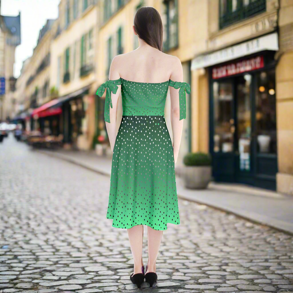 Green Gradient Shoulder Tie Bardot Midi Dress