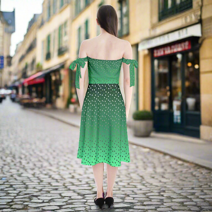 Green Gradient Shoulder Tie Bardot Midi Dress