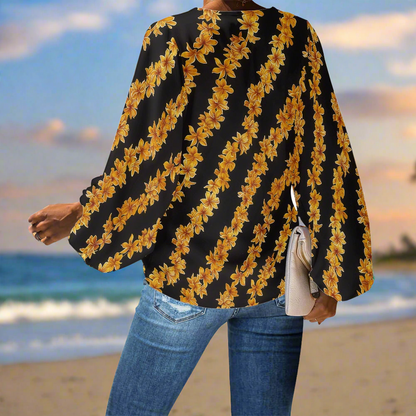 V-Neck Chiffon Puff Sleeve Blouse with Hawaiian Lei Pattern – Tropical and Stylish by Luxtrini