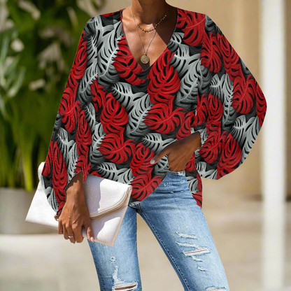 Tropical Red and Gray Monstera V-Neck Chiffon Puff Sleeve Blouse by Luxtrini