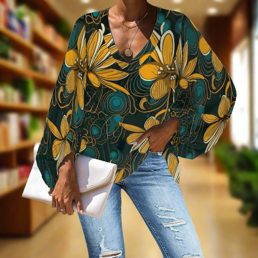 Golden Flowers V-Neck Chiffon Puff Sleeve Blouse by Luxtrini