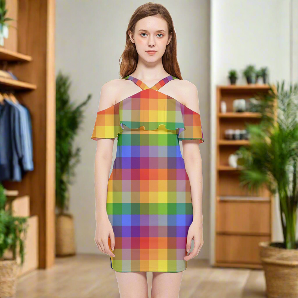 Rainbow Plaid Shoulder Frill Bodycon Summer Dress