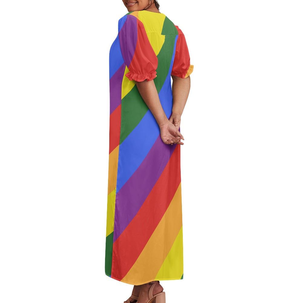 Rainbow Puff Sleeve Dress - Soft Polyester, Unique Collarbone-Flattering Design, Perfect for Multiple Occasions