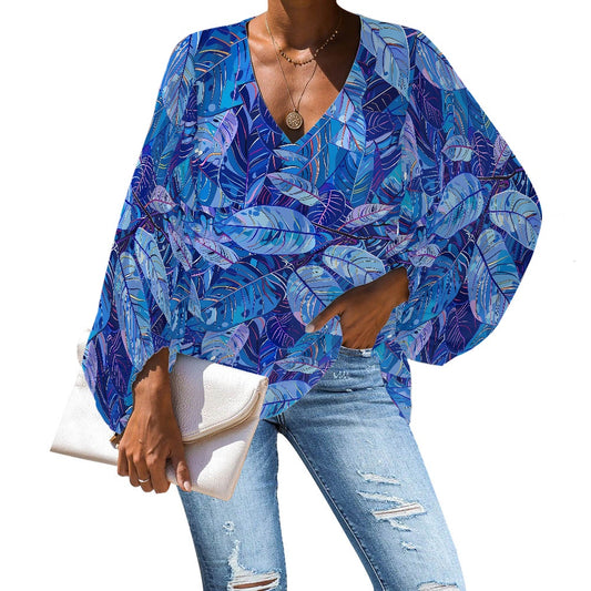 V-Neck Chiffon Puff Sleeve Blouse by Luxtrini 4XL