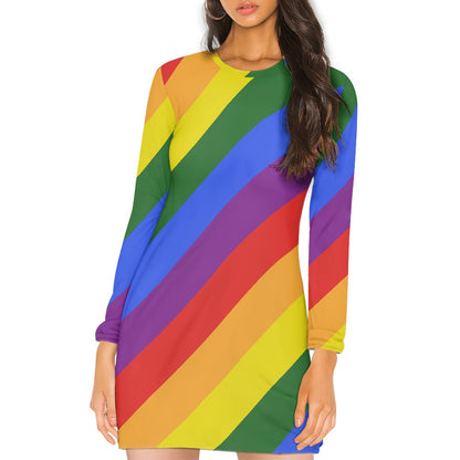 Rainbow Pride Long Sleeve Dress | Women's Colorful Striped Mini Dress with Round Neckline | Casual to Formal Wear | High-Resolution Pride Flag Inspired Fashion