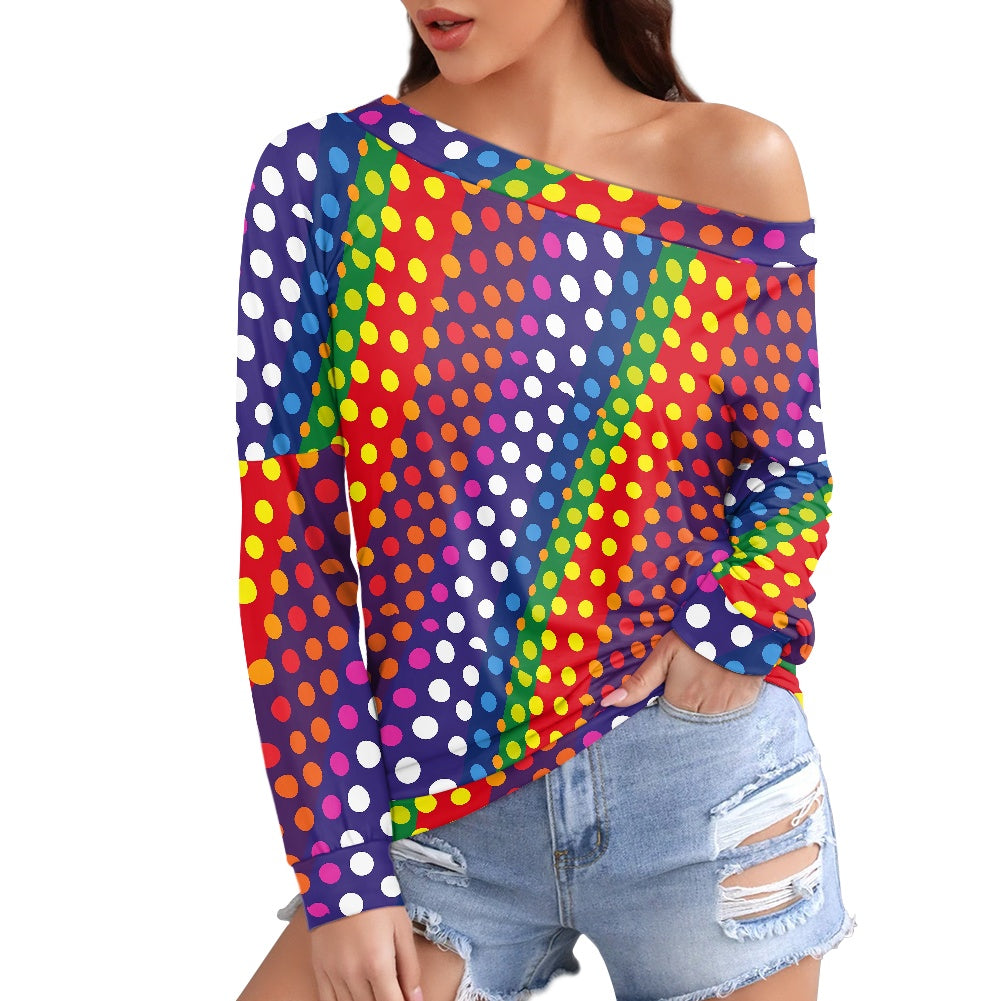 LGBTQ-Friendly Rainbow Polka Dot Trendy Off-The-Shoulder Oversized Top with Long Sleeves for Women by Luxtrini