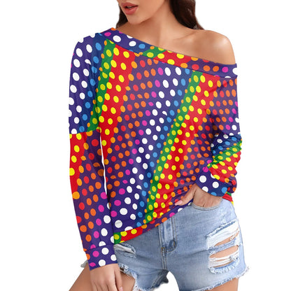 LGBTQ-Friendly Rainbow Polka Dot Trendy Off-The-Shoulder Oversized Top with Long Sleeves for Women by Luxtrini